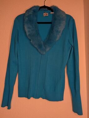 WR VTG Silk Blend Rabbit Fur Collar Blue Zip-Up Sweater L Chic Luxury Mob Wife
